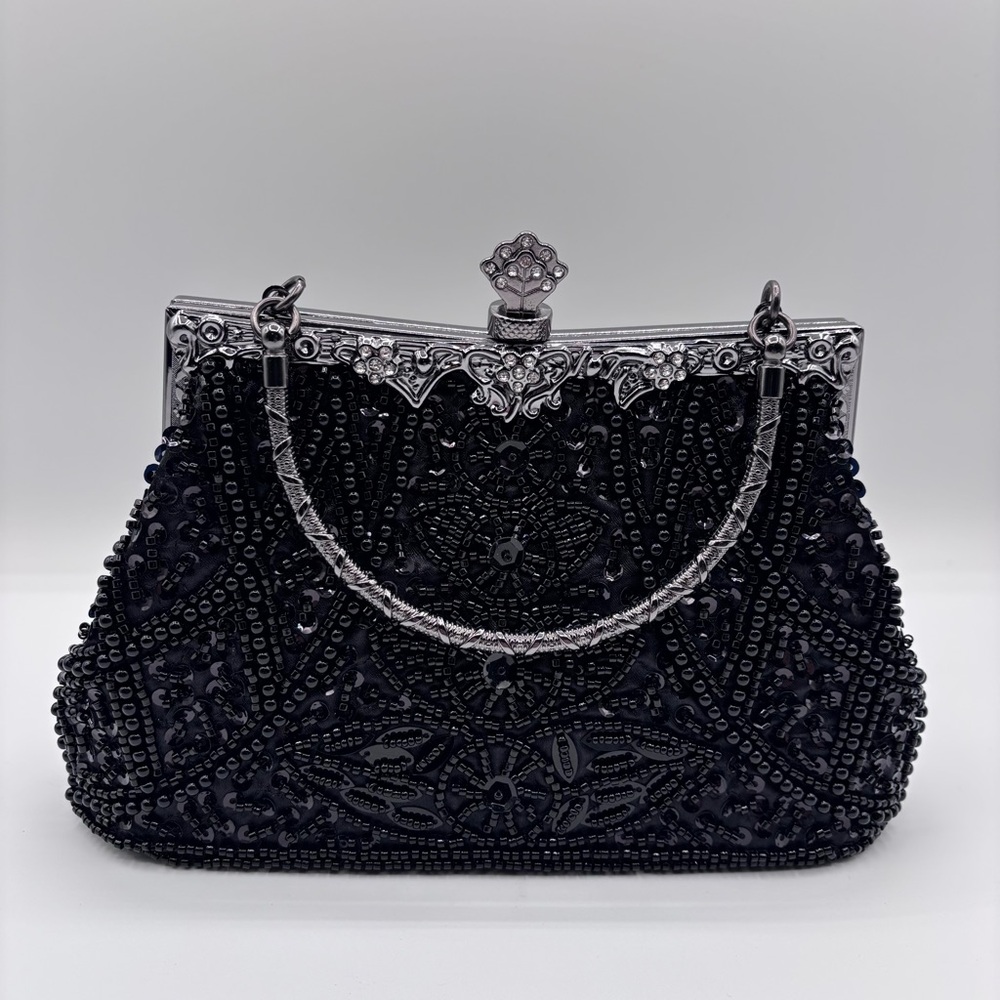 SOLD- 1920 Style Elegant Black Beaded Handbag with Chain